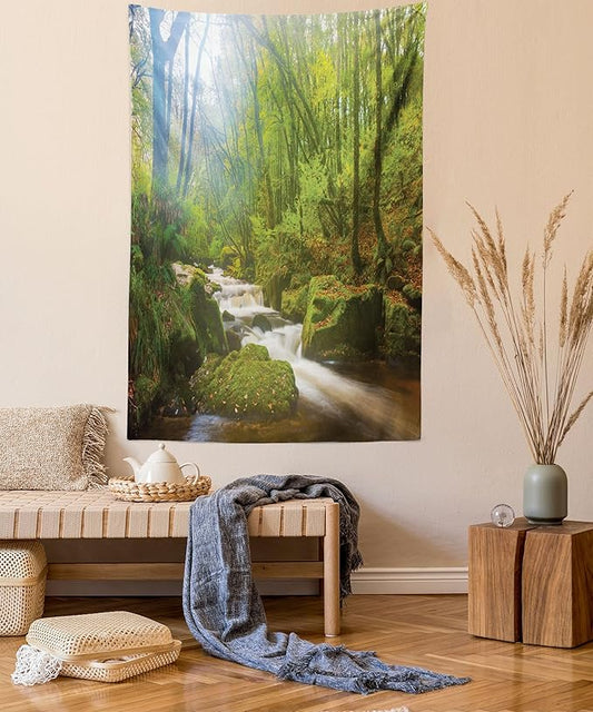 Ambesonne Woodland Tapestry Queen Size, Forest Scene at Golitha Falls Nature Reserve on the River Fowey Cornwall England, Wall Hanging Bedspread Bed Cover Wall Decor, 88" X 88", Green Brown