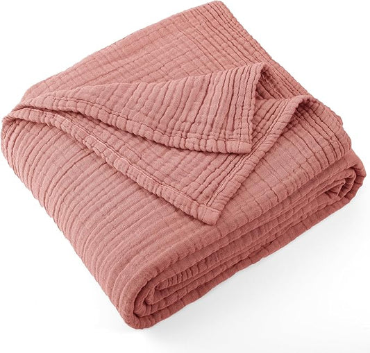 Carriediosa 100% Cotton Muslin Throw Blanket 50" X 70" Throw XL Size，4-Layers Summer Gauze Throws for Bed Couch，Soft Lightweight Breathable Linen Blankets Bedspread for Adults All Season，Mauve