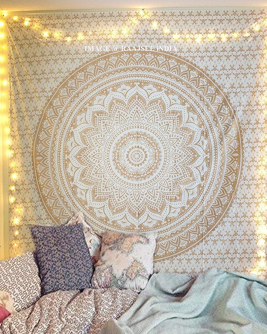 raajsee Glittering Gold Tapestry Wall Hanging Mandala- Indian Cotton Throw Hippie Tapestries - Boho Bedding White Golden Queen Bedspread 82x92 inches-Meditation Yoga Rugs Mats