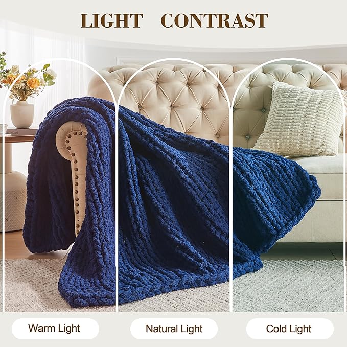 Carriediosa Chunky Knit Throw Blanket 60" X 80" Twin, 100% Hand Made Large Chenille Loop Yarn Soft Fluffy Throws for Couch Sofa Bed, Big Crochet Cozy Heavy Thick Cable Woven Blankets, Navy Blue