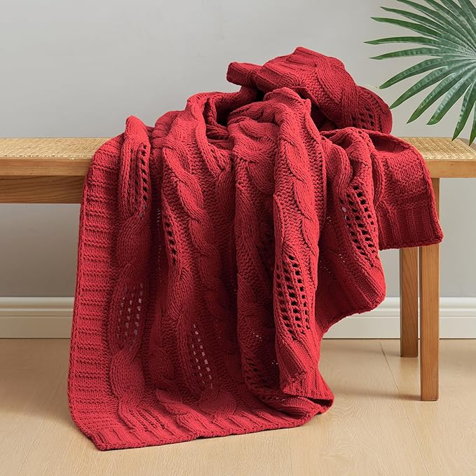 Amélie Home Chunky Knit Chenille Throw Blanket, Breathable Cable Knitted Blanket for Couch, Farmhouse Decorative Throw for Sofa Chair Bed, 50"x60", Red