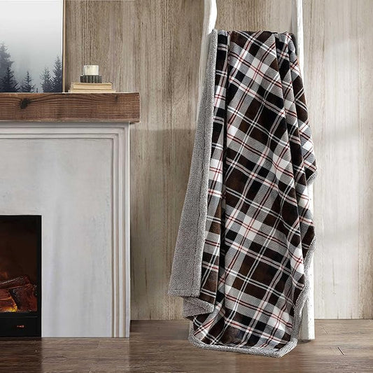 Eddie Bauer - Throw Blanket, Reversible Sherpa Plush Bedding, Plaid Home Decor, Oeko-Tex Certified (Trailhead Plaid Brown, Throw)