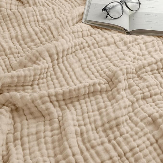 Comfy Cubs Muslin Throw Blanket - 50” x 60” Quilted Design - Lightweight, Breathable 6-Layer Gauze Fabric - Soft Cotton Blanket for Home or Travel - Packaged in Elegant Gift Box - Sand