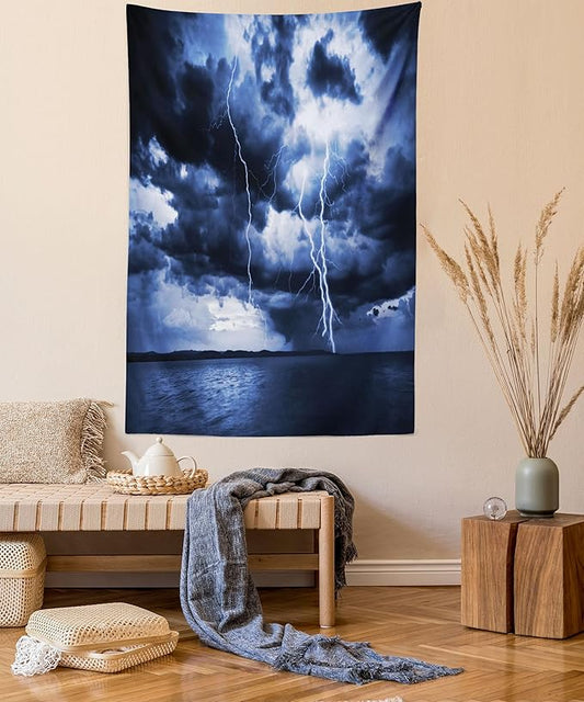 Ambesonne Nature Tapestry, Majestic Sky View with Huge Rain Clouds All Over The Sea and Vibrant Storm Rays Print, Wall Hanging for Bedroom Living Room Dorm Decor, 60" X 80", Blue