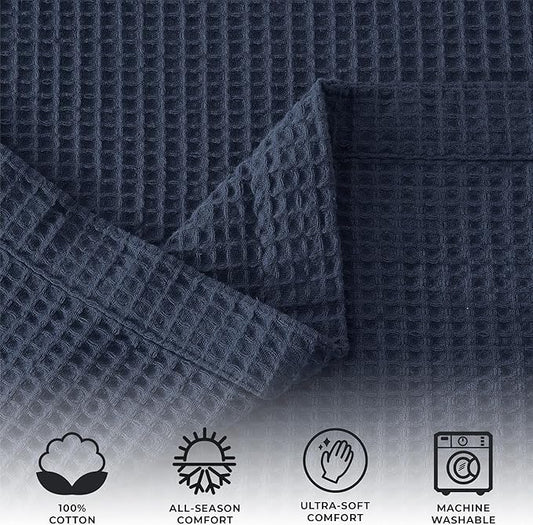 100% Cotton Queen Size Blue Waffle Weave Summer Blanket - 90x90in Prewashed Breathable, Woven, Layering Blanket