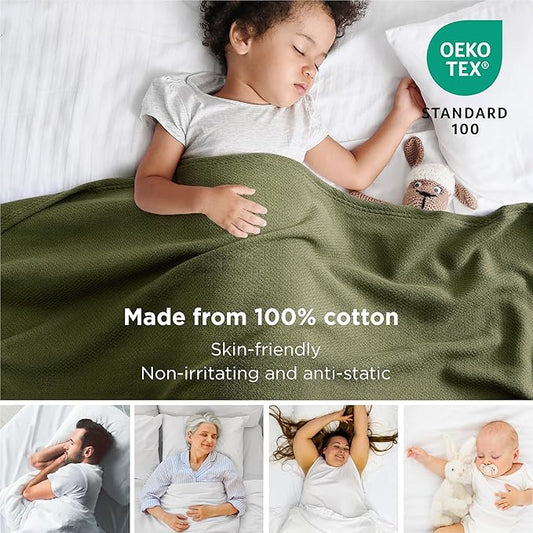 Bedsure 100% Cotton Large Throw Blanket for Couch 50x70 inches - Breathable and Lightweight, Soft Cozy Herringbone Woven Blanket for Summer Spring, Olive Green