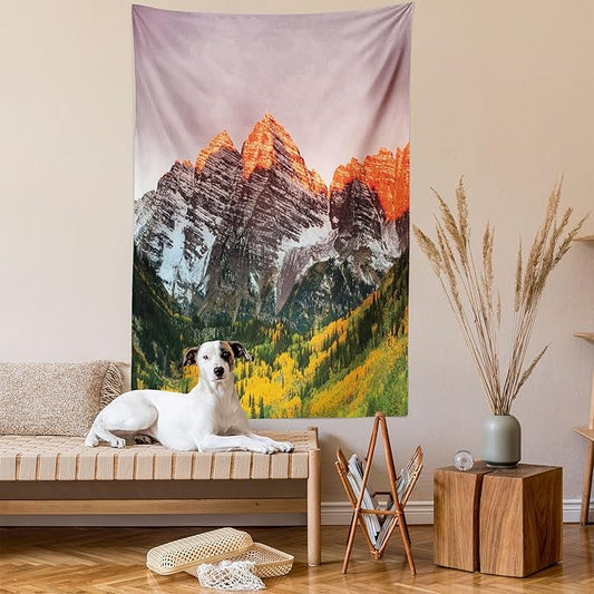 Ambesonne Mountain Tapestry Queen Size, Scenic Western American Mountains on Valley with Snowy Peaks at Sunset Landscape, Wall Hanging Bedspread Bed Cover Wall Decor, 88" X 88", Mauve Brown