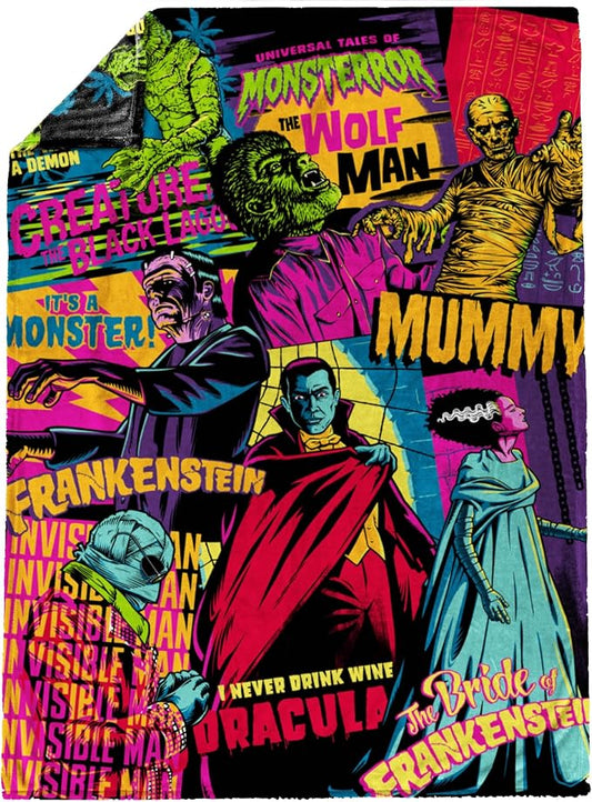 Universal Monsters Mashup Plush Throw Blanket - Measures 50 x 70 Inches, Super Soft Lightweight Bedding with Frankenstein, Dracula and The Mummy