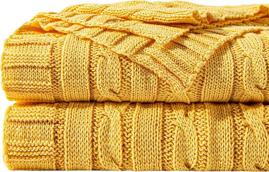 NTBAY 100% Pure Cotton Cable Knit Throw Blanket, Super Soft Warm 51x67 Knitted Throw Blanket for Couch, Sofa, Chair, Bed - Extra Cozy, Machine Washable, Comfortable Home Decor, Yellow