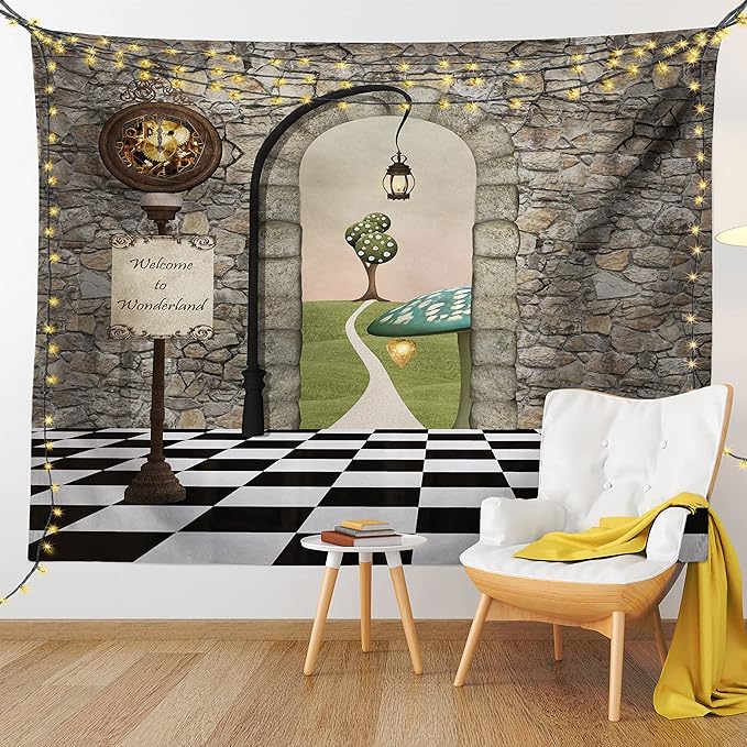Ambesonne Alice in Wonderland Tapestry Queen Size, Welcome Wonderland Black and White Floor Landscape Mushroom Lantern, Wall Hanging Bedspread Bed Cover Wall Decor, Queen Size, Stone Black