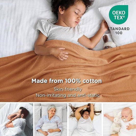 Bedsure 100% Cotton Blanket Queen Size for Bed - Breathable and Lightweight, Soft Cozy Textured Herringbone Woven Blanket for Summer Spring, Burnt Orange, 90x90 inches