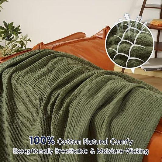 PHF 100% Cotton Waffle Muslin Blanket Twin Size, 66" x 90" Lightweight and Breathable Washed Cotton Blanket, Aesthetic Soft Muslin Waffle Bedding for Sofa Bed Home Decor, Olive Green