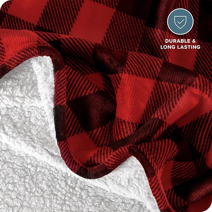 Bare Home Sherpa Fleece Blanket - King Size - Blanket for Bed, Sofa, and Couch - Warm & Lightweight - Fluffy & Soft - Reversible (King, Buffalo Plaid - Red/Black)