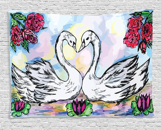 Ambesonne Swan Tapestry, Grunge Style Sketch Image of Lover White Swan Partners in Pond Lily Flowers Red Roses, Wide Wall Hanging for Bedroom Living Room Dorm, 60" X 40", Soft Blue Red