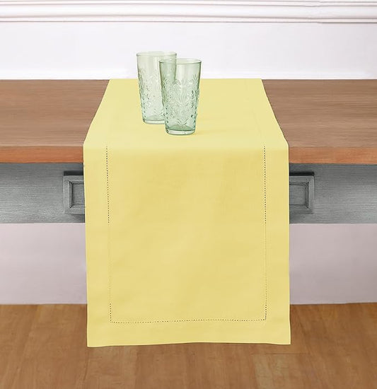 Solino Home Cotton Linen Yellow Table Runner 120 Inches Long - Hemstitch 14 x 120 Inch Table Runner for Summer
