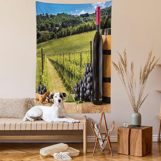 Ambesonne Winery Tapestry Twin Size, Red Wine Bottles with Grapes on Timber Board Tuscany Italian Terrace Scenery, Wall Hanging Bedspread Bed Cover Wall Decor, 68" X 88", Green Blue Brown