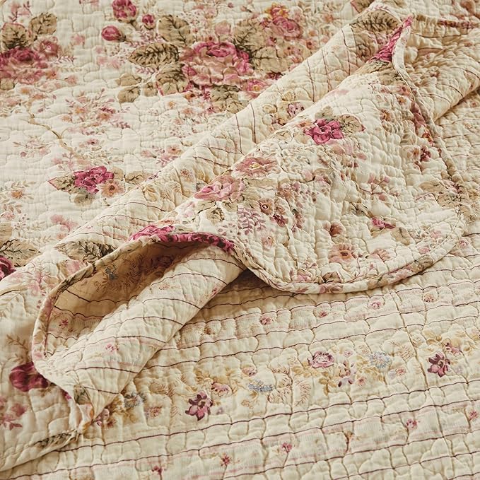 Greenland Home Antique Rose - Classic Traditional Floral - 100% Cotton Quilted Throw Blanket, 50 x 60 inches, Ecru