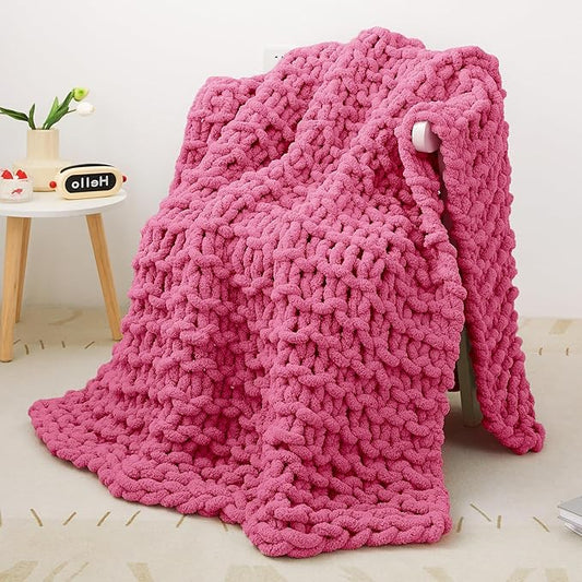 Knit Blanket 50"x60" Rose Cream Soft Washable Chenille Throw Blanket Cozy 100% Handmade Crochet Blankets with Jumbo Chenille Yarn for Couch Bed Sofa Room Decor