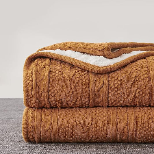 Longhui bedding Burnt Orange 50 x 63 Inches Acrylic Cable Knit Sherpa Throw Blanket - Thick, Soft, Big, Cozy Knitted Fleece Blankets for Couch, Sofa, Bed - Large Coverlet All Season