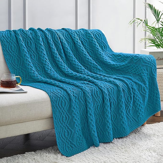 Aormenzy Teal Cable Knit Throw Blanket, Soft & Warm Knitted Blanket Throw for Couch Bed Sofa Living Room, 50 x 60 Inch