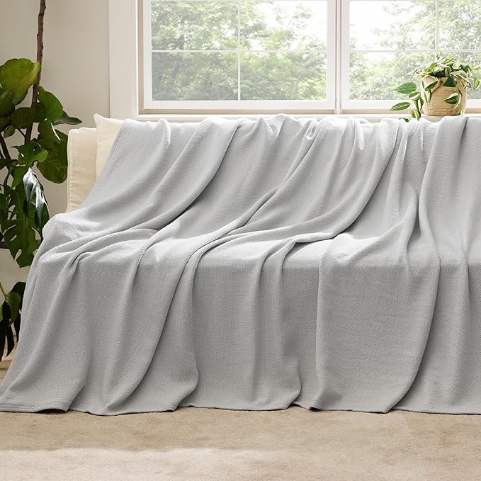 Bedsure 100% Cotton Blanket Twin XL Size for Bed - Breathable and Lightweight, Soft Cozy Textured Herringbone Woven Blanket for Summer Spring, Grey, 66x90 inches