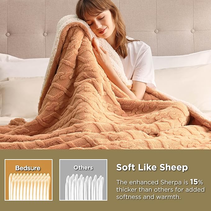 Bedsure Sherpa Fleece Blanket Twin Size for Bed - Fuzzy Soft Cozy Cable Throw for Couch, Thick Warm Blankets for Winter, Light Brown, 60x80 Inches