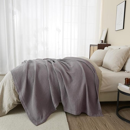 100% Cotton King Size Bed Blanket - Grey Waffle Weave Lightweight Summer Layering Blanket - 102x90in Prewashed Breathable, Woven