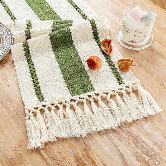 Fancy Homi Moss Green Table Runner 60 Inches Long Boho Macrame Table Runner for Home Decor, Farmhouse Table Runners with Tassels for Party Bohemian Rustic Bridal Shower Dining Decor 12x60 Inches