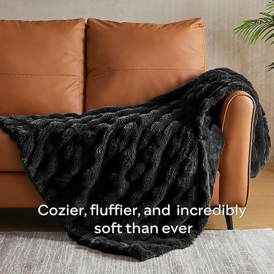 JELLYMONI Faux Fur Throw Blanket, Black Fuzzy Cozy Plush Bubble Bed Blanket, Thick and Warm King (108" x 90")