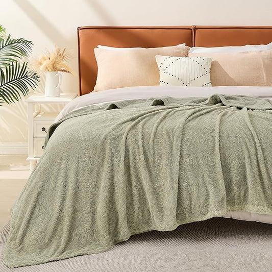 EMME Muslin Cotton Fleece Queen Blanket Reversible - 80"*90" Sage Green Soft Warm Throw Blankets for Couch Bed Picnic Travel Bed