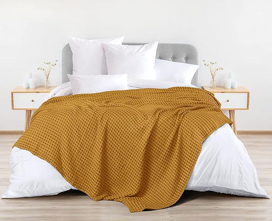 Utopia Bedding Mustard 100% Cotton Waffle Blanket 300 GSM [Queen - 90x90 Inch] Soft Lightweight Breathable Bed Blanket for All Season