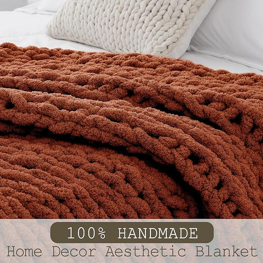 Chunky Knit Throw Blanket 50"X 60", 100% Handmade with Soft Chenille Yarn, 4.4lbs Thick Cable Knitted Blankets, Large Rope Knot Crochet Throws for Couch Sofa Bed Home Decor, Rust