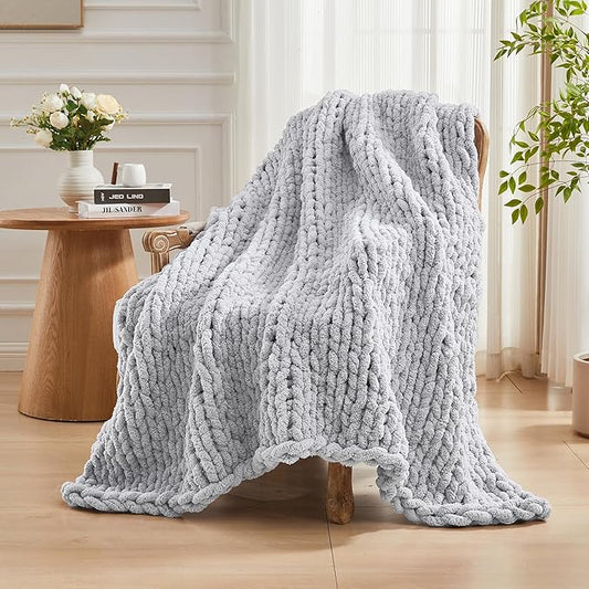 Carriediosa Chunky Knit Throw Blanket 60" X 80" Twin, 100% Hand Made Large Chenille Loop Yarn Soft Fluffy Throws for Couch Sofa Bed, Big Crochet Cozy Heavy Thick Cable Woven Blankets, Light Grey