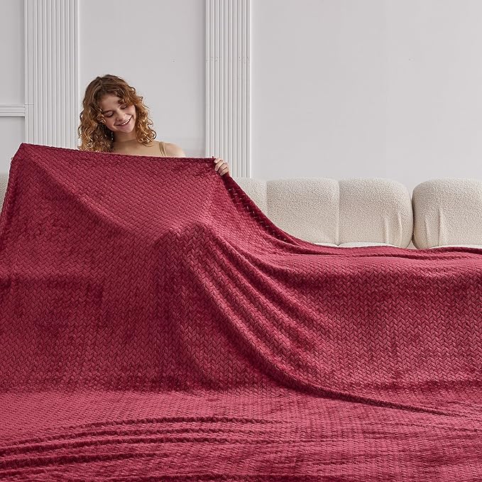 Oversized King Fleece Blanket 120x120 Inches, Seamless Soft Cozy 3D Jacquard Flannel Blanket 10'x10' Extra Large for Bed, Sofa, Couch, Travel & Camping, California King Throw, Burgandy Red Leaf