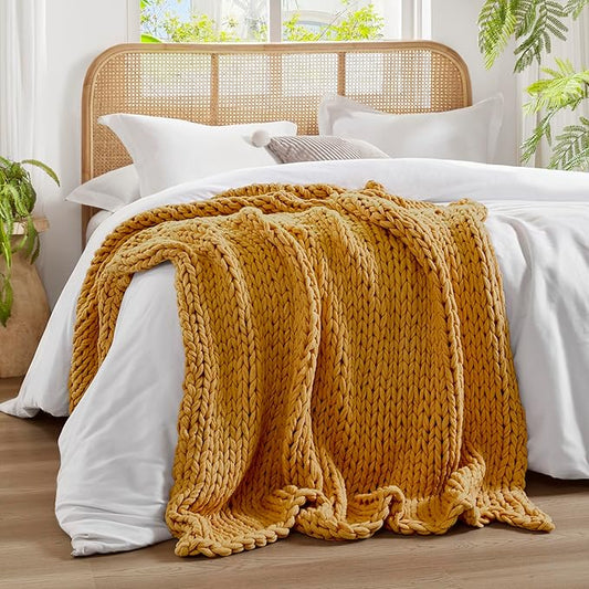 Madison Park Boho Throw Blanket, Soft Blanket Handmade Gift Home Decor, Lightweight & Breathable All Seasons Spring Chunky Knit Blanket, Knitted Throw for Couch, Bed Blanket, 50"x60" Yellow