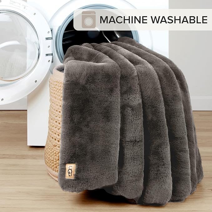 UGG Euphoria Plush Faux Fur Throw Blanket Medium Weight Reversible Luxury Soft Throw for Couch Bed or Chair Hypoallergenic Machine Washable Home Decor Blanket, 50-inch x 70-inch, Charcoal Dark Grey
