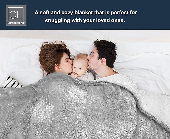 Comfort Lab Reversible Flannel Sherpa Blanket - Elegant Fluffy Bed Blankets for Bedroom and Home Decor - Anti Pilling Non Shedding Cozy & Warm Fleece Cover - King/California King (108" x 90") - Grey