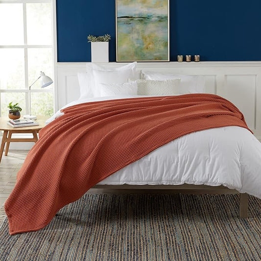 100% Cotton Waffle Weave Bed Blanket | Soft, Breathable, and Lightweight Blanket for All-Season | Perfect for Layering | Brielle Collection (King, Burnt Orange)