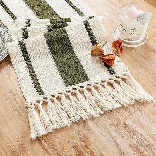 Fancy Homi Olive Green Table Runner 90 Inches Long Boho Macrame Table Runner for Home Decor, Farmhouse Table Runners with Tassels for Party Bohemian Rustic Bridal Shower Dining Decor 12x90 Inches