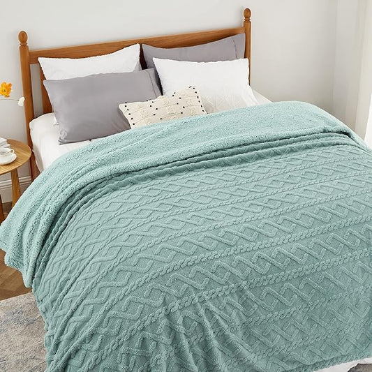 Bedsure Sherpa Queen Size Blanket for Bed - Fleece Soft Cozy Fuzzy Cable Blankets for Women, Thick Warm for Winter and All Seasons, Sage Green, 90x90 Inches