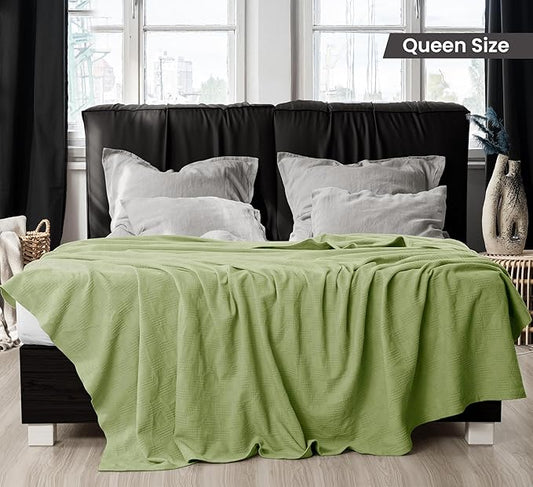Utopia Bedding Sage Green 100% Cotton Blanket [Queen Size - 90x90 Inch] 350GSM Lightweight, Soft and Breathable Thermal Blanket for All Seasons