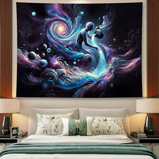 Aquarius Tapestry Wall Hanging Zodiac Sign Decoration Aesthetic for Bedroom Living Room Dormitory Suitable for Teen Boy and Girl Who Like Astrology 98x71 Inches