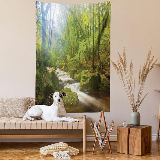 Ambesonne Woodland Tapestry Queen Size, Forest Scene at Golitha Falls Nature Reserve on the River Fowey Cornwall England, Wall Hanging Bedspread Bed Cover Wall Decor, 88" X 88", Green Brown