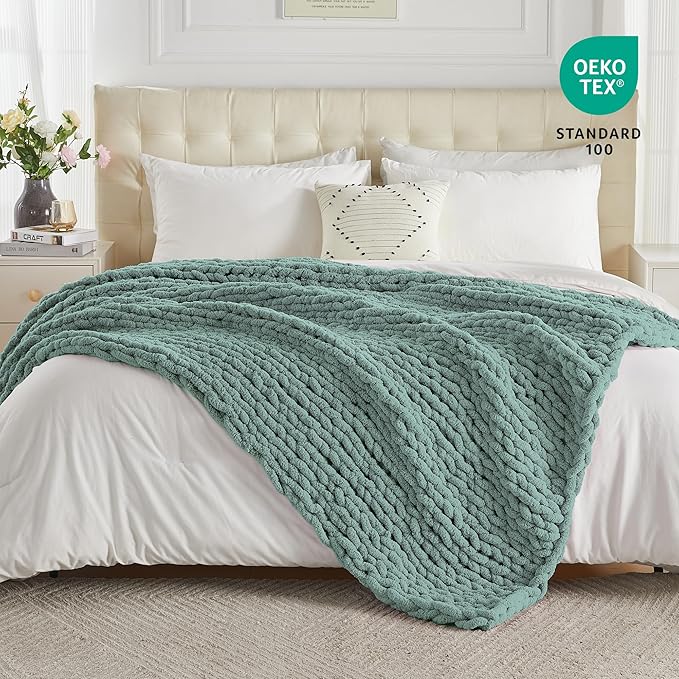 Carriediosa Chunky Knit Throw Blanket 50" X 60", 100% Hand Made Large Chenille Loop Yarn Soft Fluffy Throws for Couch Sofa Bed, Big Crochet Cozy Heavy Thick Cable Woven Blanket, Sage Green