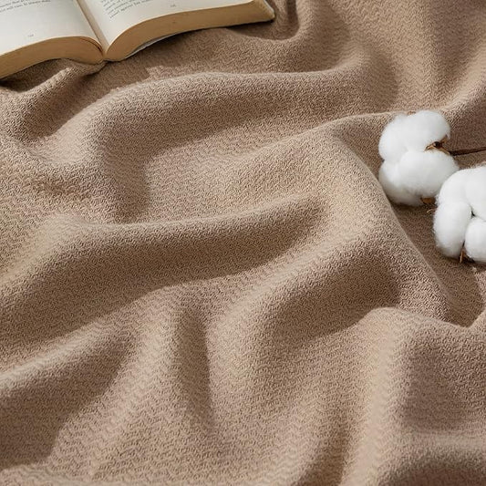 Bedsure 100% Cotton Blanket Queen Size for Bed - Breathable and Lightweight, Soft Cozy Textured Herringbone Woven Blanket for Summer Spring, Tan, 90x90 inches