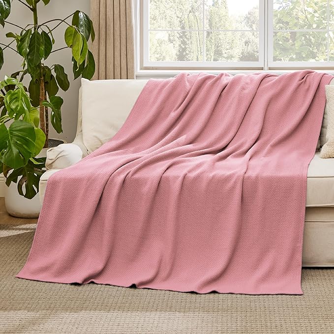 Bedsure 100% Cotton Large Throw Blanket for Couch 50x70 inches - Breathable and Lightweight, Soft Cozy Herringbone Woven Blanket for Summer Spring, Pink