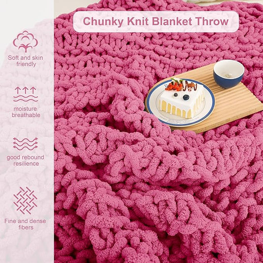 Knit Blanket 50"x60" Rose Cream Soft Washable Chenille Throw Blanket Cozy 100% Handmade Crochet Blankets with Jumbo Chenille Yarn for Couch Bed Sofa Room Decor