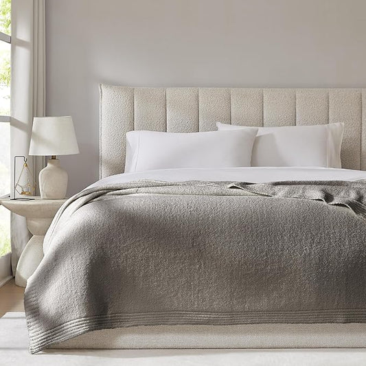 R.SHARE Grey Throw Blanket 50x70 Inch Reversible, Feather Knit Microfiber Soft Comfy Cozy Lightweight Fluffy Fuzzy Warm Cute for Couch Sofa Chair Bed Home