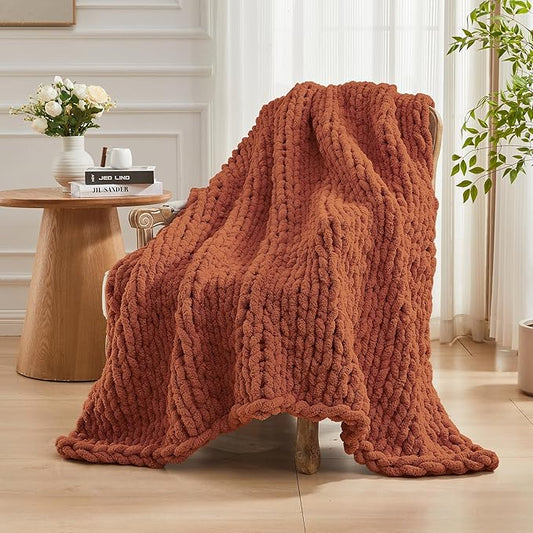 Carriediosa Chunky Knit Throw Blanket 50" X 60", 100% Hand Made Large Chenille Loop Yarn Soft Fluffy Throws for Couch Sofa Bed, Big Crochet Cozy Heavy Thick Cable Woven Blankets, Rust