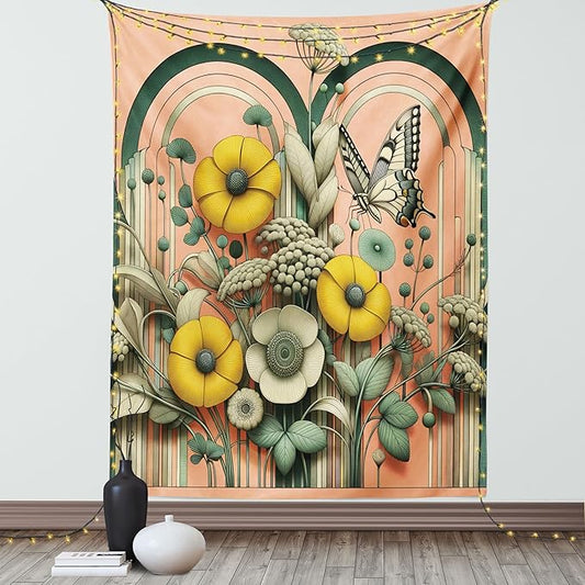 Ambesonne Boho Tapestry, Springtime Greenery with Boho Vibes Moth on Coral Tone Back Curving Stripes, Wall Hanging for Bedroom Living Room Dorm Decor, 60" X 80", Salmon Reseda Green